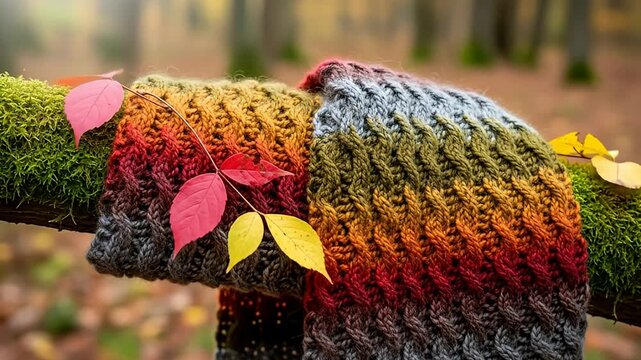 Colorful knitted scarf with autumn leaves on a mossy branch.