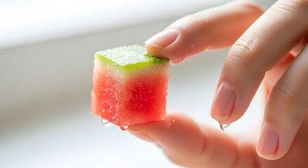 a small cube of refreshing red watermelon held between fingers with water drops for summer food blogs cooking magazines and healthy diet websites