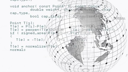 On load globe rotating while camera shifting and code scrolling, showing global network data - Powered by Adobe