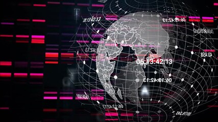 Magenta bars initiating wireframe globe entering from right rotating labels sliding showing network - Powered by Adobe