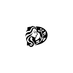 An elegant woman head letter logo featuring flowing hair and leaf elements shaped into an alphabet form, blending beauty and nature in a clean, modern style for branding.