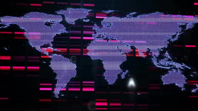 Purple pixel world map reacting to magenta scan bars, shifting into dotted mesh showing data flow