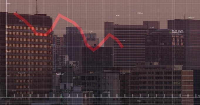 Bright red glowing line moving across skyline, triggered by live data feed, tracing market trends