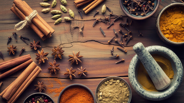 Exotic spices and herbs artfully arranged on rustic wood, perfect for culinary creations, wellness products and flavorful recipes, evoking warmth and comfort