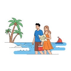 Fototapeta premium Couple enjoying leisurely beachside stroll with map and cooler under tropical palms idyllic vacation