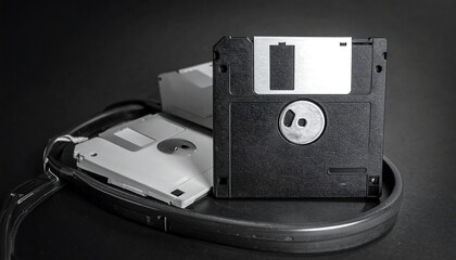 B&W Floppy disks emerge from a case, evoking nostalgia for vintage data storage devices on a dark surface