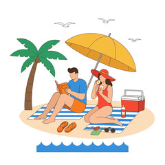 Coastal relaxation: a couple enjoys a tranquil beach day under the sun's embrace
