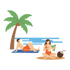 Serene tropical beach scene with leisure activities under a palm tree illustration