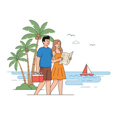 Couple enjoying a coastal vacation with palm trees and a sailboat on a sunny day outing