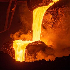 Cascading molten metal, glowing bright orange, filling a cavity with smoky vapor, in a dark, industrial setting