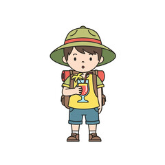 Animated young explorer with thirst quencher enjoys tropical refreshment under sunny skies