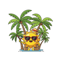 Animated summer sun character chilling with palm trees and a refreshing drink at a tropical beach