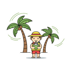Tropical bliss cartoon character enjoying refreshment between coconut palm trees scenery
