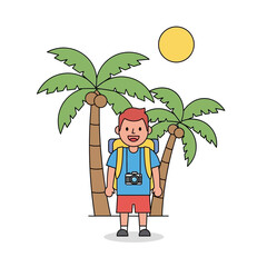 Cartoon traveler under tropical sunshine embracing island getaway delight with palm trees and