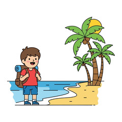 Cartoon Traveler's Coastal Adventure: Boy with Backpack Enjoys Tropical Beach Scenery