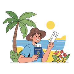 Enthusiastic traveler with passport and ticket enjoying the vacation vibes in tropical paradise