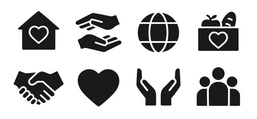 Obraz premium Charity icon collection in black. Includes house with heart, giving hands, globe, food box, handshake, heart, raised hands and group of people