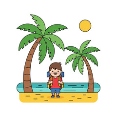 Cartoon traveler by the beach, a whimsical tropical adventure awaits kids and families