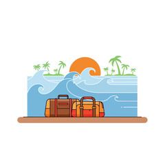 Stylized illustration of travel bags on a beach scene with stylized ocean waves and sun