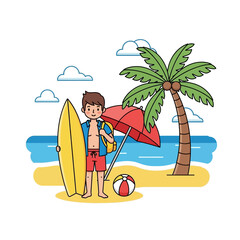 Cartoon illustration showcasing a summer beach scene filled with vacation joy and happiness