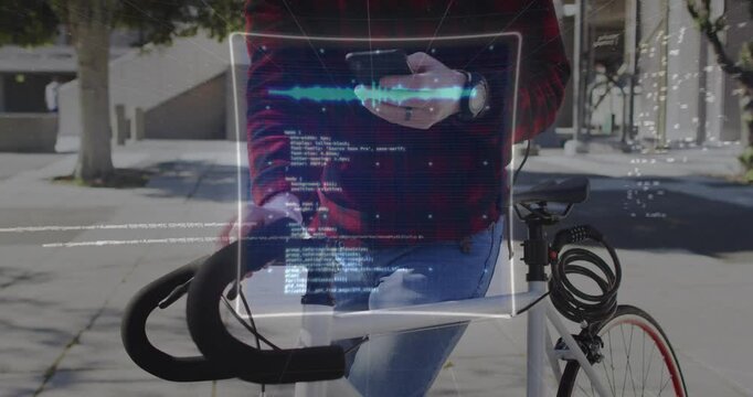 Man leaning on bike tapping phone, causing AR HUD overlays forming over torso, displaying ride data