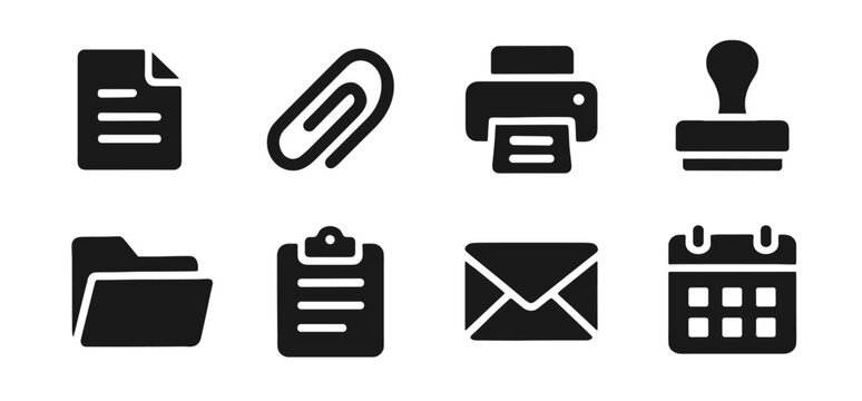 Office icon collection in black. Includes document, paperclip, printer, stamp, folder, clipboard, envelope, and calendar. The icons are bold, simple, and clear for universal office and business use
