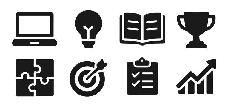 Education icon collection in black. Includes laptop, lightbulb, book, trophy, puzzle piece, target, checklist clipboard, and growth chart