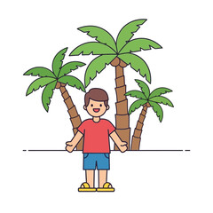 Cheerful boy standing amidst the vibrant palms, enjoying summer under the sun's gentle embrace