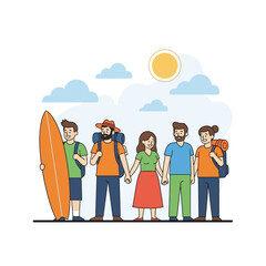 Cheerful group of friends ready for a summer vacation adventure and fun activities