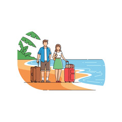 Cartoon couple enjoying idyllic beach vacation, luggage in tow, creating a tropical escape