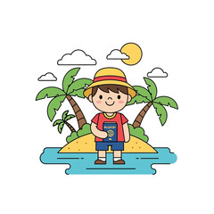 Cartoon traveller on a tropical island with passport, ready for vacation destination planning