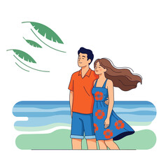 Couple embracing on a serene beach vacation, enjoying a tranquil ocean view with refreshing vibes