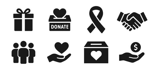 Fototapeta premium Charity icon collection in black. Includes gift, donation box, awareness ribbon, handshake, group, heart hand, heart box, and money hand