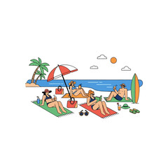 Stylized Beach Scene Depicting Relaxation and Leisure Activities by the Sea shore