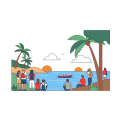 Tropical escape: A gathering of friends by the ocean enjoying a sunset adventure