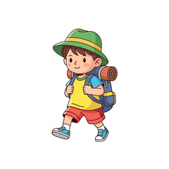 Cartoon young explorer on a journey of discovery, wearing a hat and carrying a rucksack