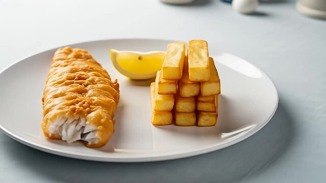 Delicious Fish and Chips with Lemon Wedge on a White Plate.