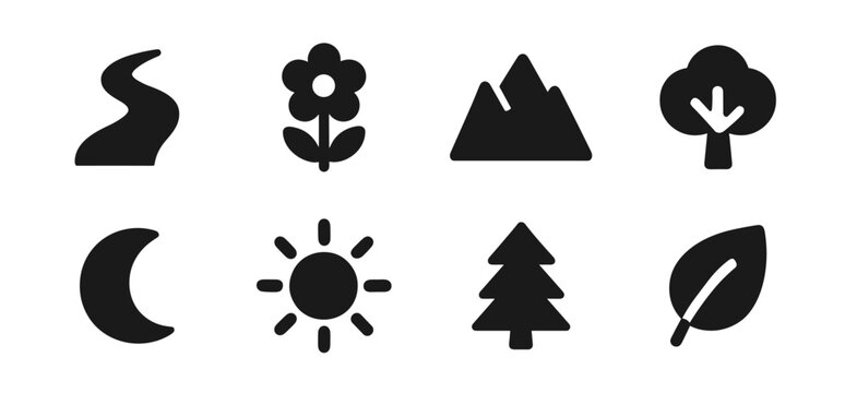 Nature icon collection in black. Includes river, flower, mountains, tree, moon, sun, pine tree and leaf. The icons are simple, bold and suitable for outdoor or natural themes