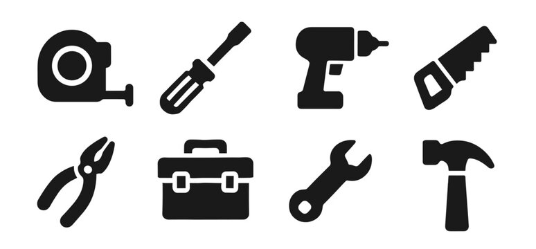 Tools icon collection in black. Includes tape measure, screwdriver, drill, saw, pliers, toolbox, wrench and hammer. The icons are bold, clean and perfect for repair, construction and workshop themes - Powered by Adobe