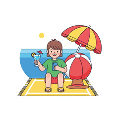 Cartoon summer holiday relaxation scene with a person enjoying a cocktail at the beach