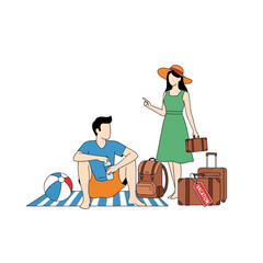 Couple enjoying a coastal getaway with luggage and beach essentials, showcasing travel relaxation