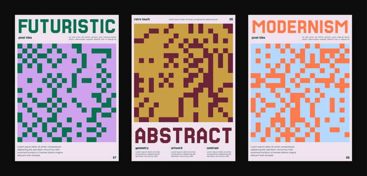 Futuristic pixel posters with abstract tile patterns