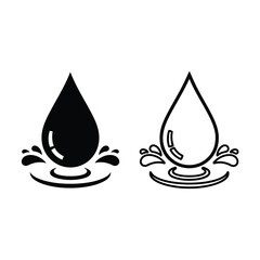 Two stylized water drops, one solid black and one outline, with splashes and ripples, isolated on white.