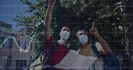 Two men studying map and pointing toward city landmarks while finance chart overlaying route - Powered by Adobe