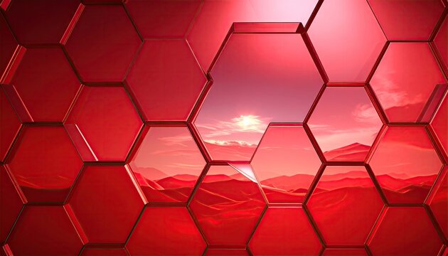 Abstract Red Hexagonal Pattern Overlaying Mountain Landscape at Sunset. - Powered by Adobe