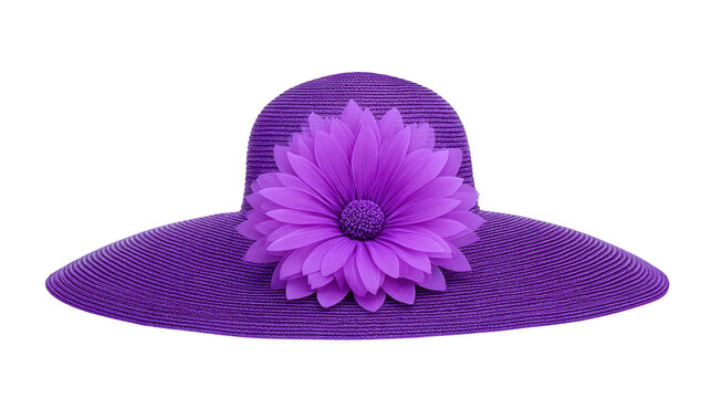 Purple wide brim hat with large decorative flower, elegant and stylish accessory for women, perfect for summer, garden parties, or beach outings, adding cheerful and fashionable touch