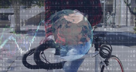 Man by bike using phone, causing finance globe on torso, binary stock chart growing checking market - Powered by Adobe