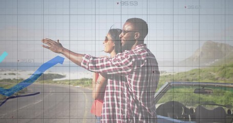 Man pointing horizon initiating finance charts rising over couple and shore, couple sharing view - Powered by Adobe