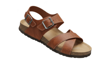 Stylish brown leather strappy wedge sandal for women isolated on transparent background