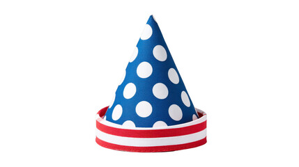 Fototapeta premium Blue polka dot party hat with white spots and red and white striped base, festive and cheerful, suitable for celebrations and birthdays
